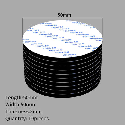 Kymmenen mustaa pyöreää kaksipuolista palaa, halkaisija 50 mm, paksuus 3 mm