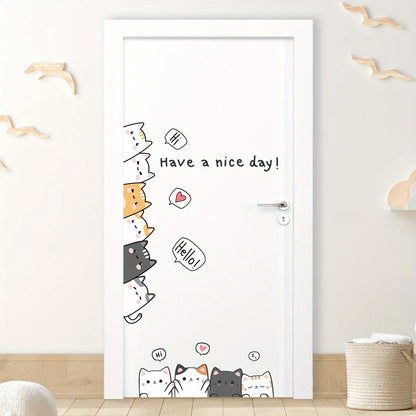 White door in a bright living room decorated with cat stickers and “Have a nice day!”