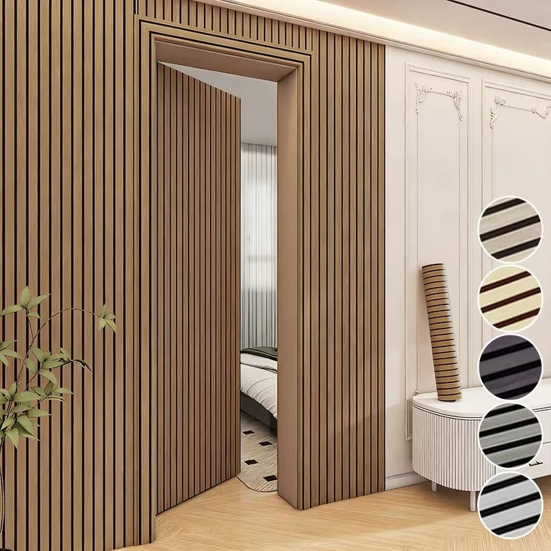 Wall with walnut tone wood effect adhesive covering around a door and five colour samples