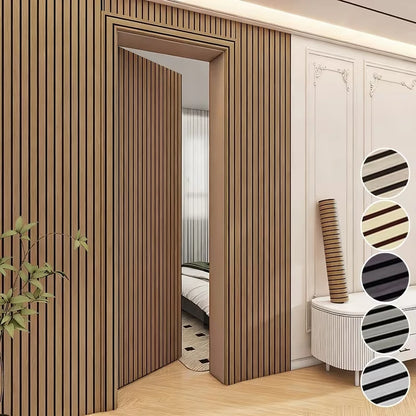 Wall with walnut tone wood effect adhesive covering around a door and five colour samples