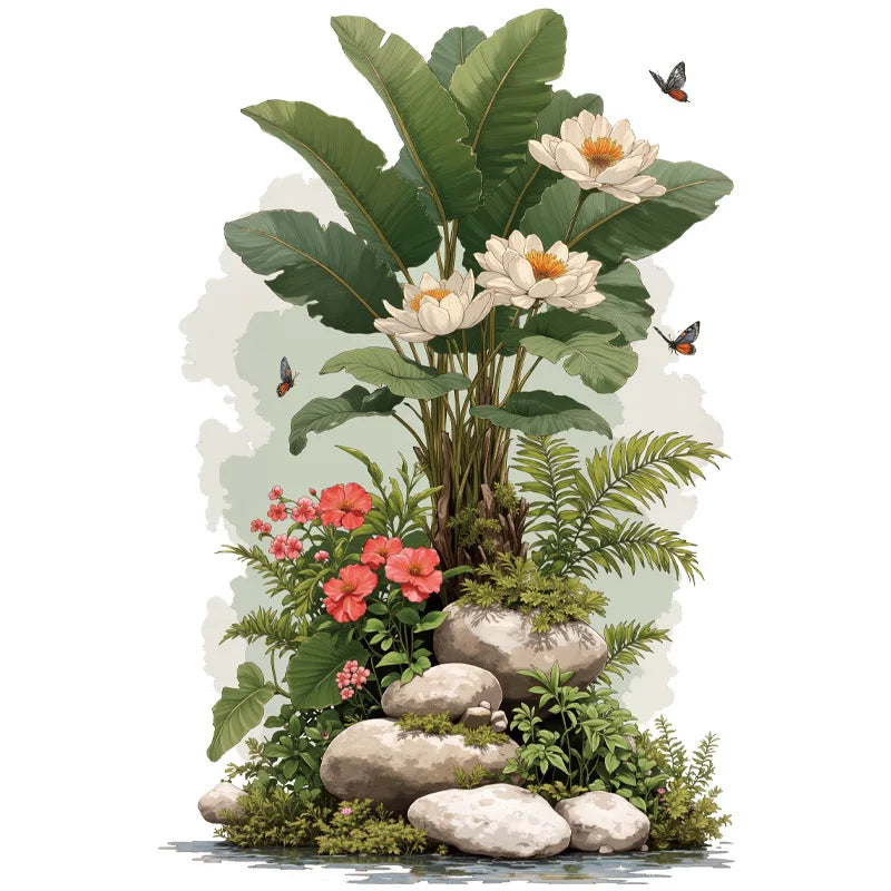 Muursticker met een grote tropische plant met bloemen en stenen op een witte achtergrond