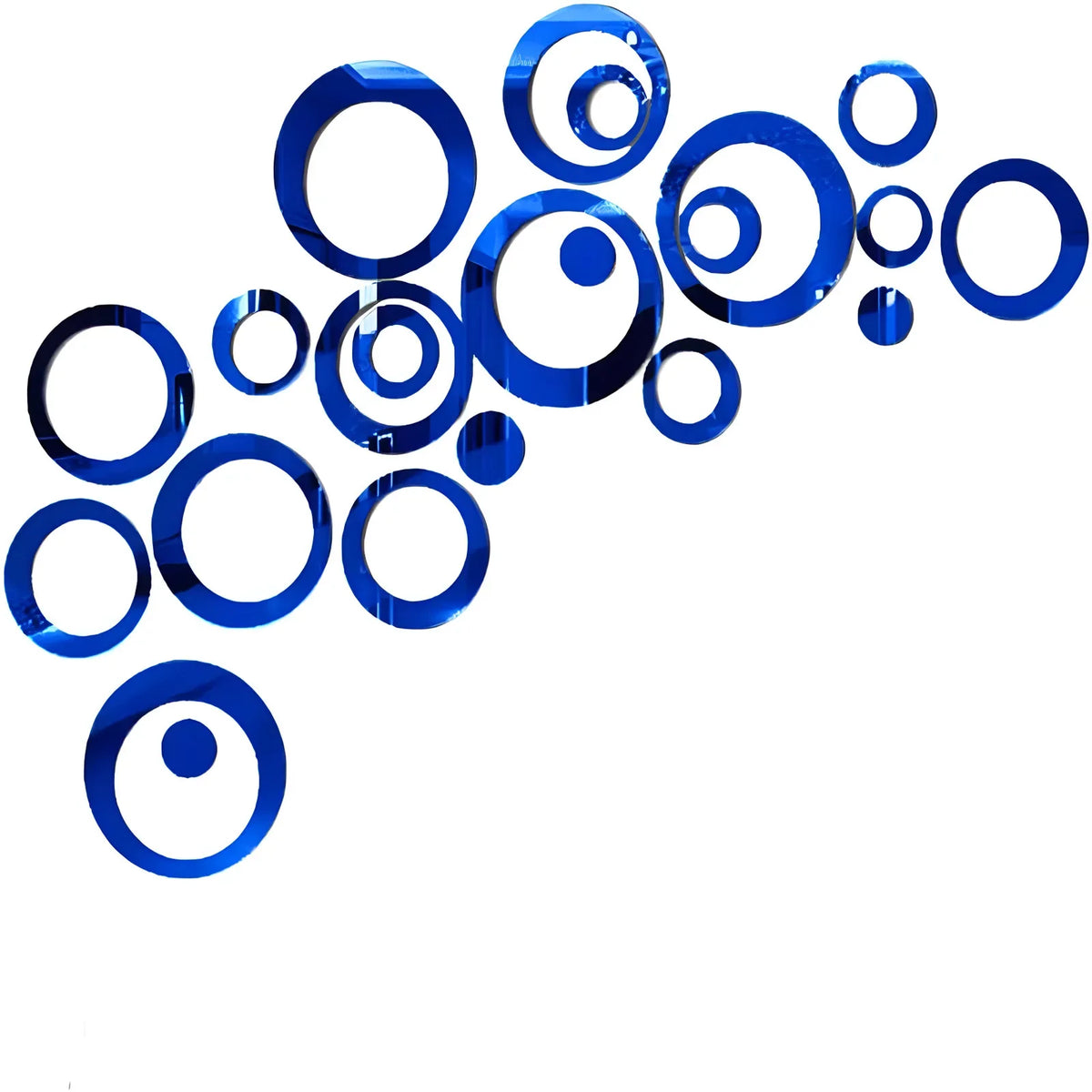 Blauwe spiegelcirkels en ringen op een witte achtergrond