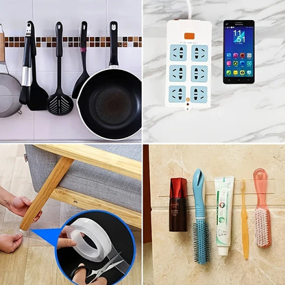 Uses of the transparent double-sided tape: kitchen utensils, power strip, furniture foot, jars and brushes