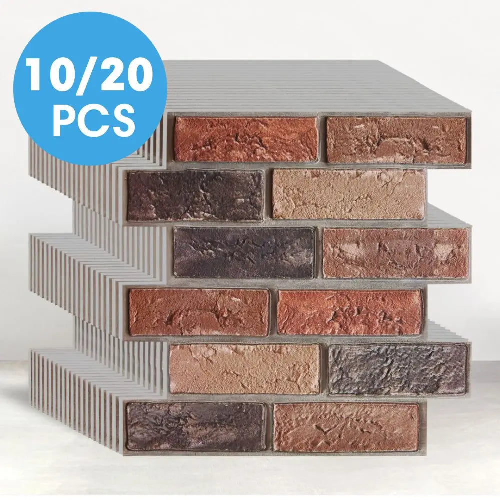 Pile of self-adhesive brick effect panels in red and brown showing the raised surface and the thickness