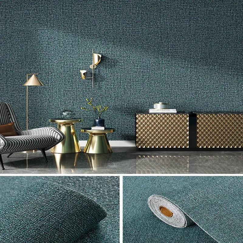 Muur bekleed met donkergroene linnenlook, met de rol en een close-up van de weving