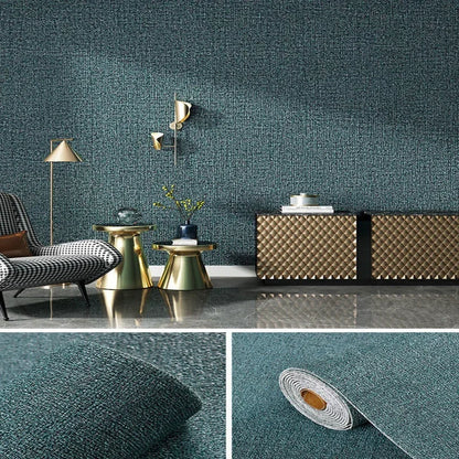 Muur bekleed met donkergroene linnenlook, met de rol en een close-up van de weving