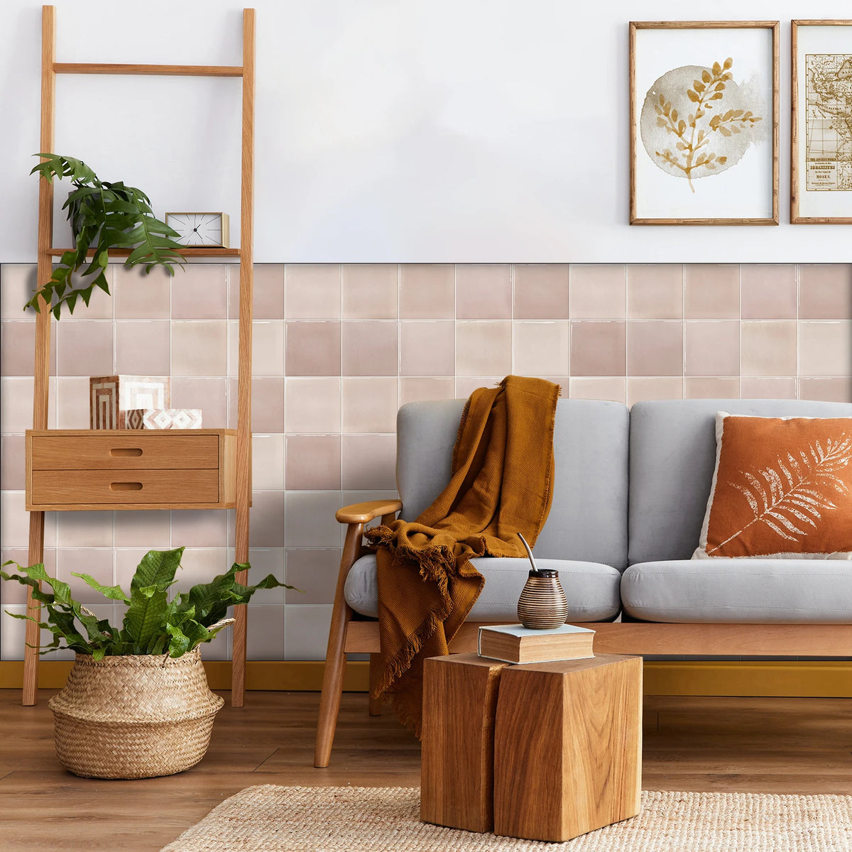 Living room with grey sofa and a strip of pinkish beige tile stickers