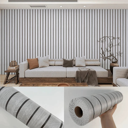 Living room with light wood effect wall with black lines, close-up of the pattern and an open roll