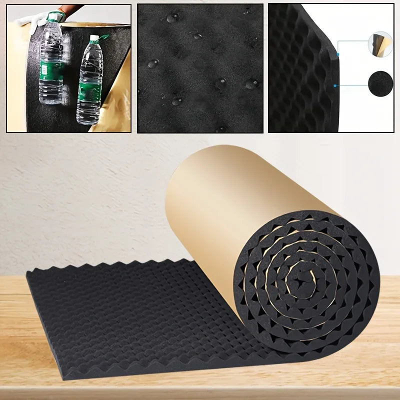 Foam unrolled on a table, with a wavy surface and kraft paper on the self-adhesive back