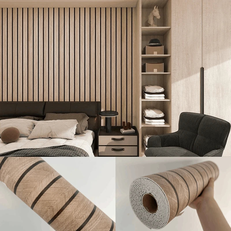 Bedroom with light oak tone wood effect wall, close-up of the grain and an open roll