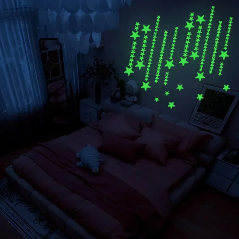 Dark bedroom with rows of glow in the dark stars on the wall above the bed
