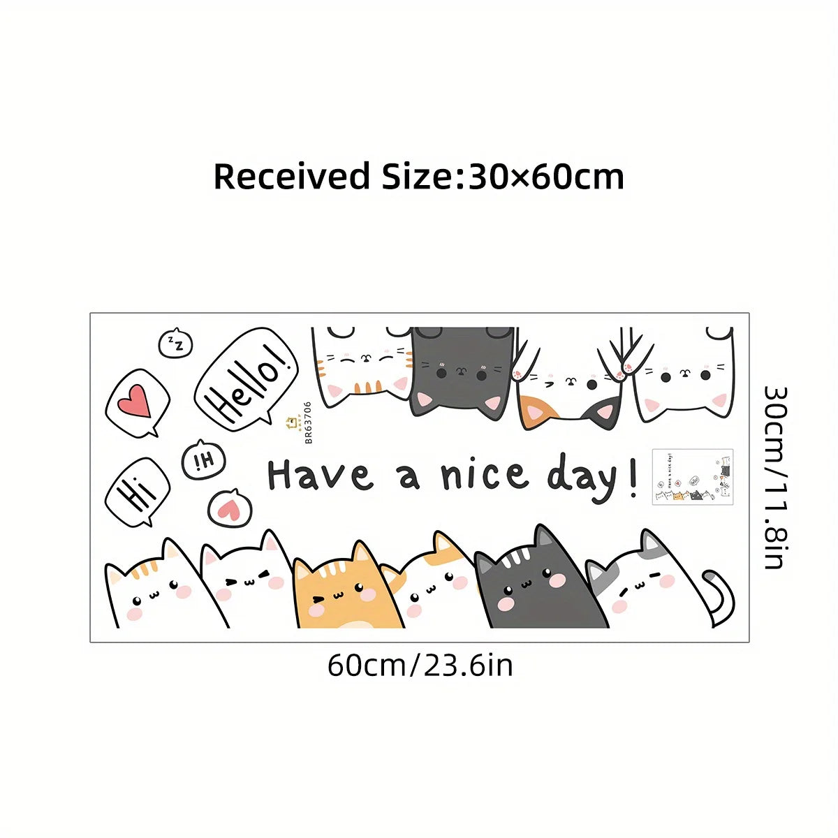 30 × 60 cm self-adhesive sheet with ten cartoon cats, speech bubbles and “Have a nice day!” on a white background