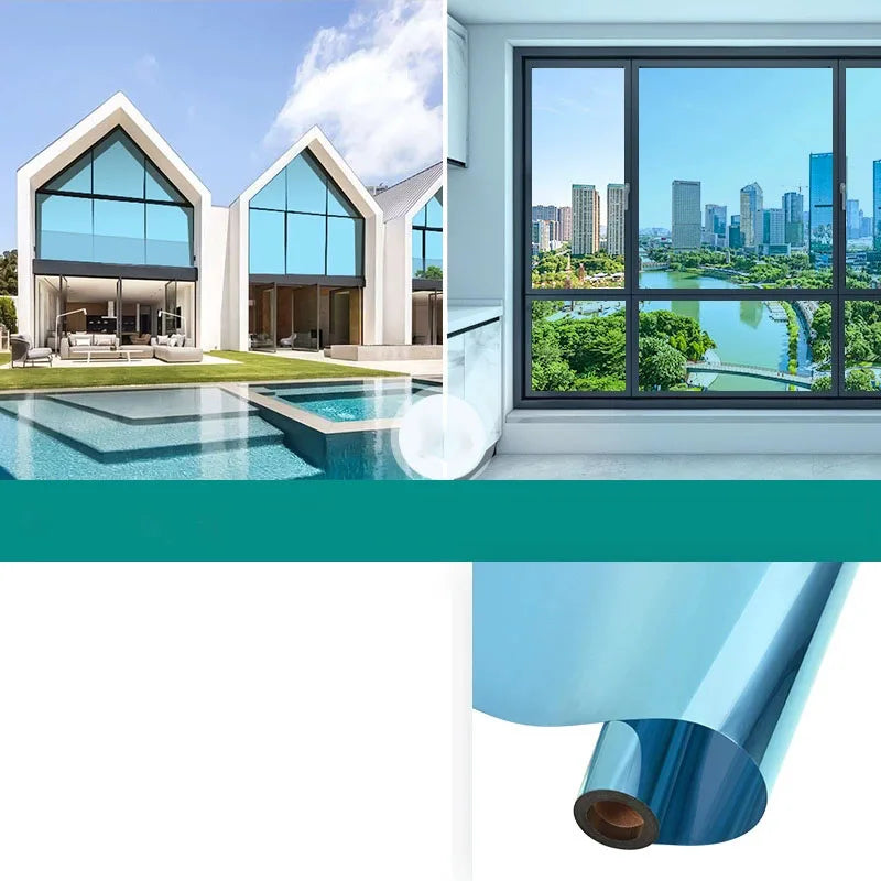 Rol blauwe spiegelfolie, Model A, met een huis met zwembad en blauwachtige beglazing