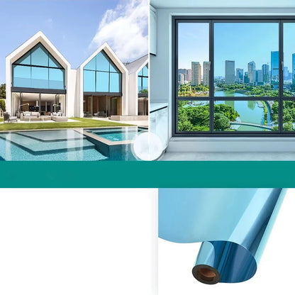 Rol blauwe spiegelfolie, Model A, met een huis met zwembad en blauwachtige beglazing