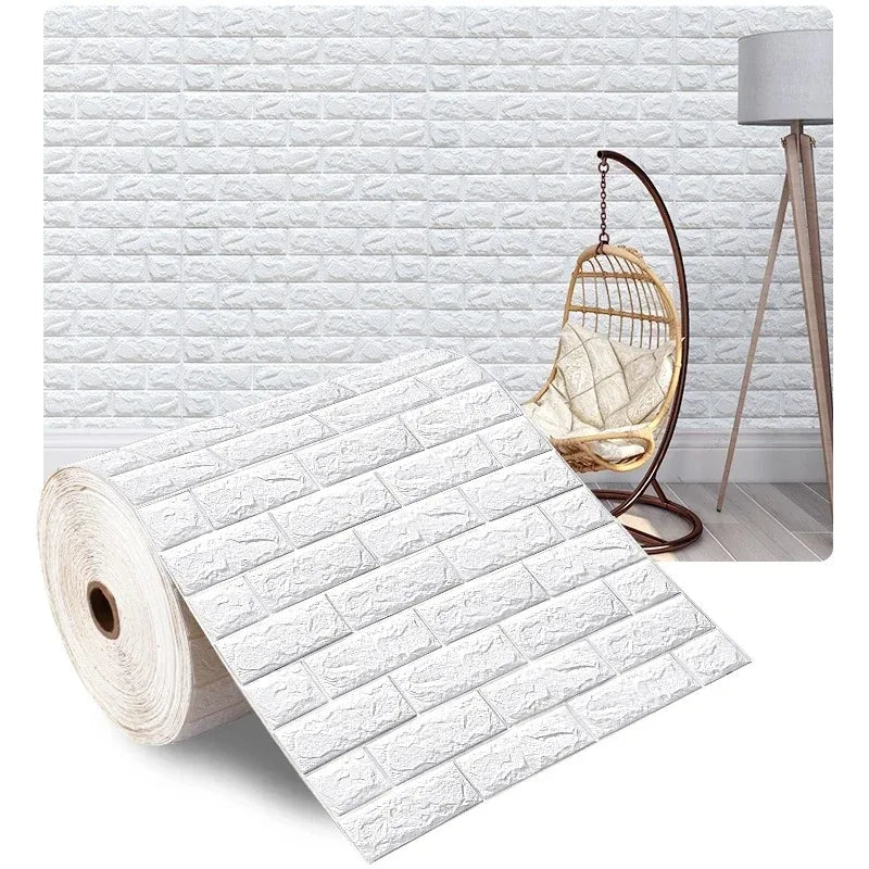 Roll of white self-adhesive wallpaper with raised bricks, Model A, with a living room in the background