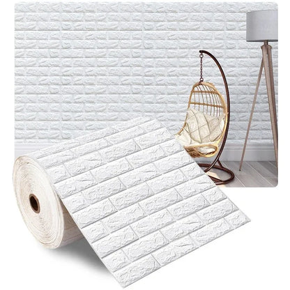 Roll of white self-adhesive wallpaper with raised bricks, Model A, with a living room in the background