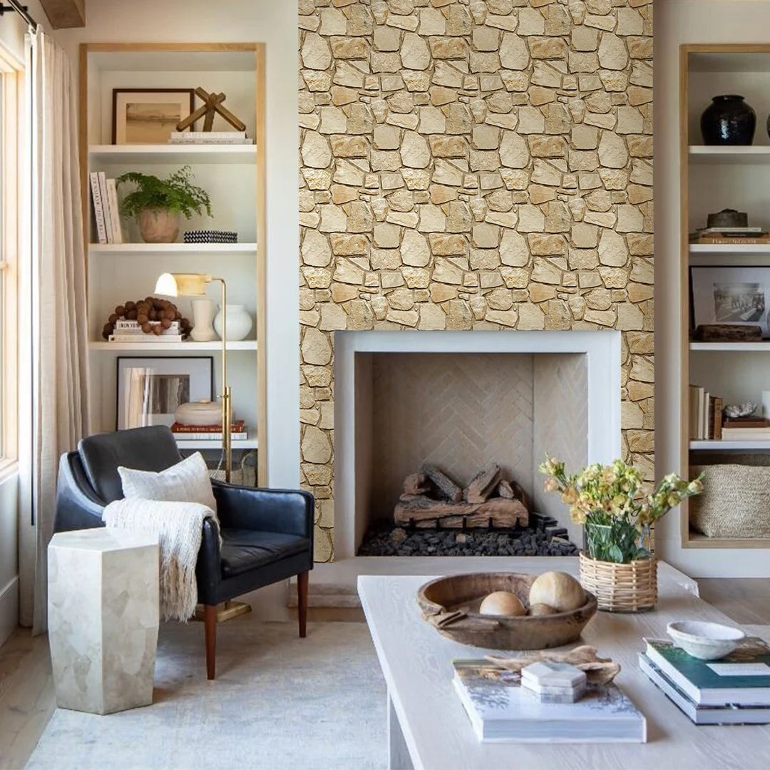 Living room wall around the fireplace clad with stone effect panels