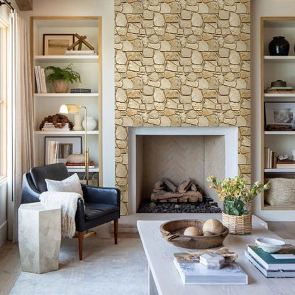 Living room wall around the fireplace clad with stone effect panels