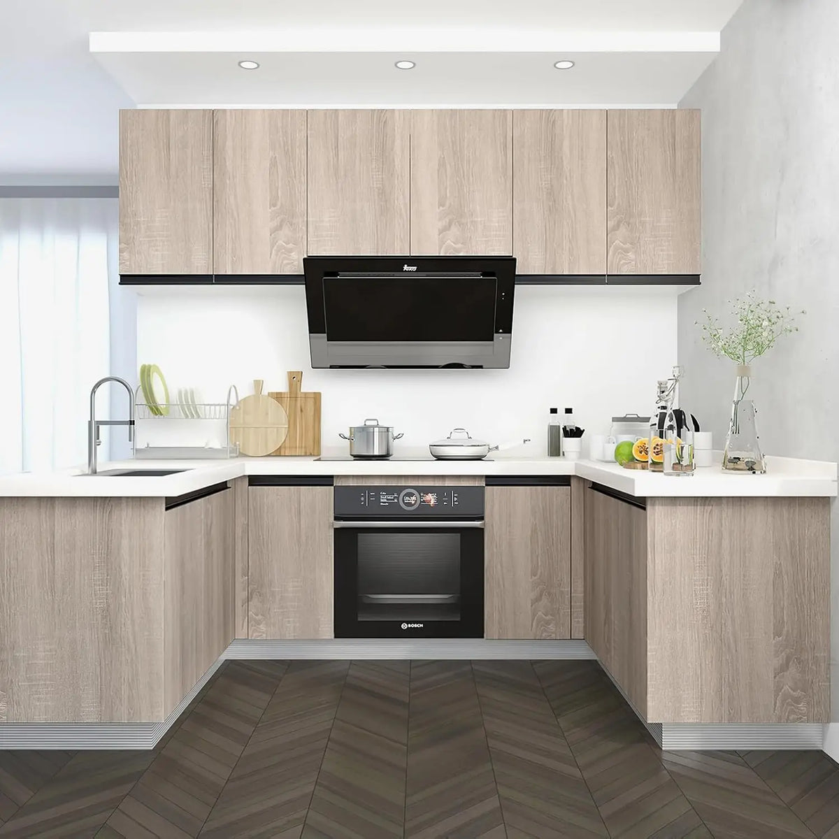 Kitchen with doors and wall units covered in light wood effect vinyl