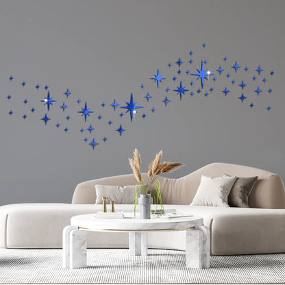 Blue sparkling stars on a grey wall above a sofa