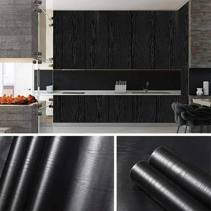 Kitchen doors covered in black wood effect vinyl, with two close-ups of the grain