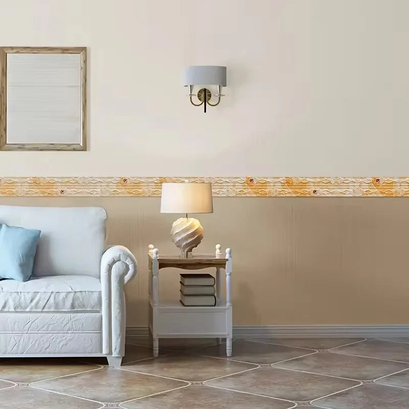 Living room with a yellow and white decorative band halfway up the wall