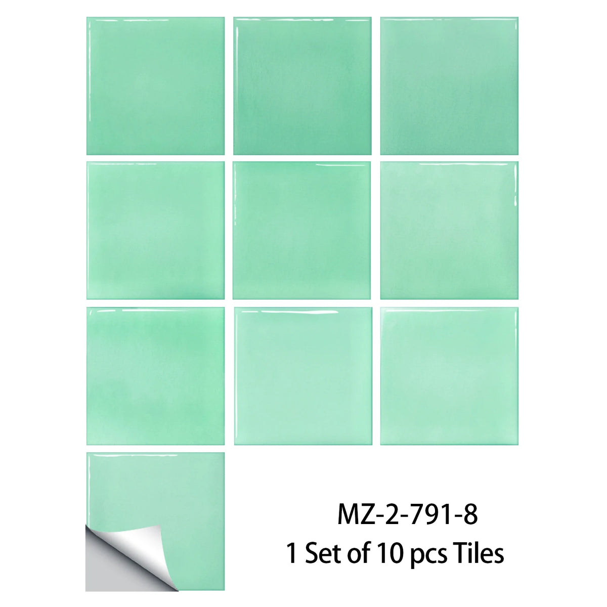 Ten mint green gradient square tile stickers, Model 8, on a white background