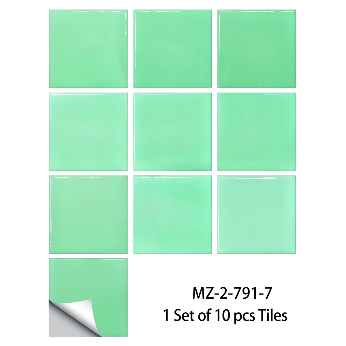 Ten green gradient square tile stickers, Model 7, on a white background