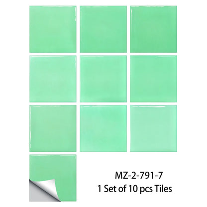Ten green gradient square tile stickers, Model 7, on a white background