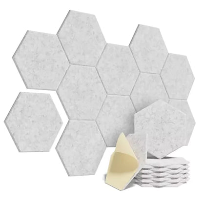 Plain grey hexagonal acoustic panels on a white background