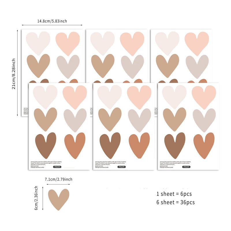 Six sheets of heart stickers in beige, pink and brown tones, with the sheet and heart measurements