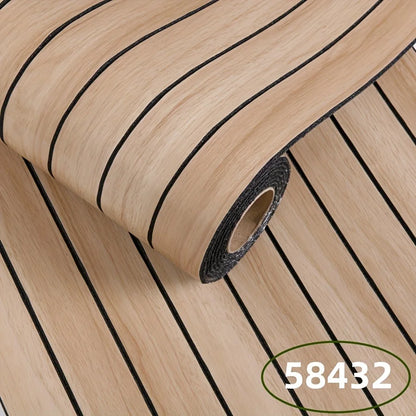 Roll of self-adhesive wall panel in honey-coloured wood effect with black stripes, model S-58432