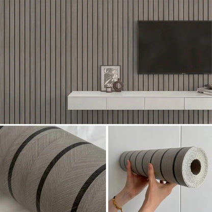 TV wall with dove grey wood effect covering, close-up of the pattern and an open roll