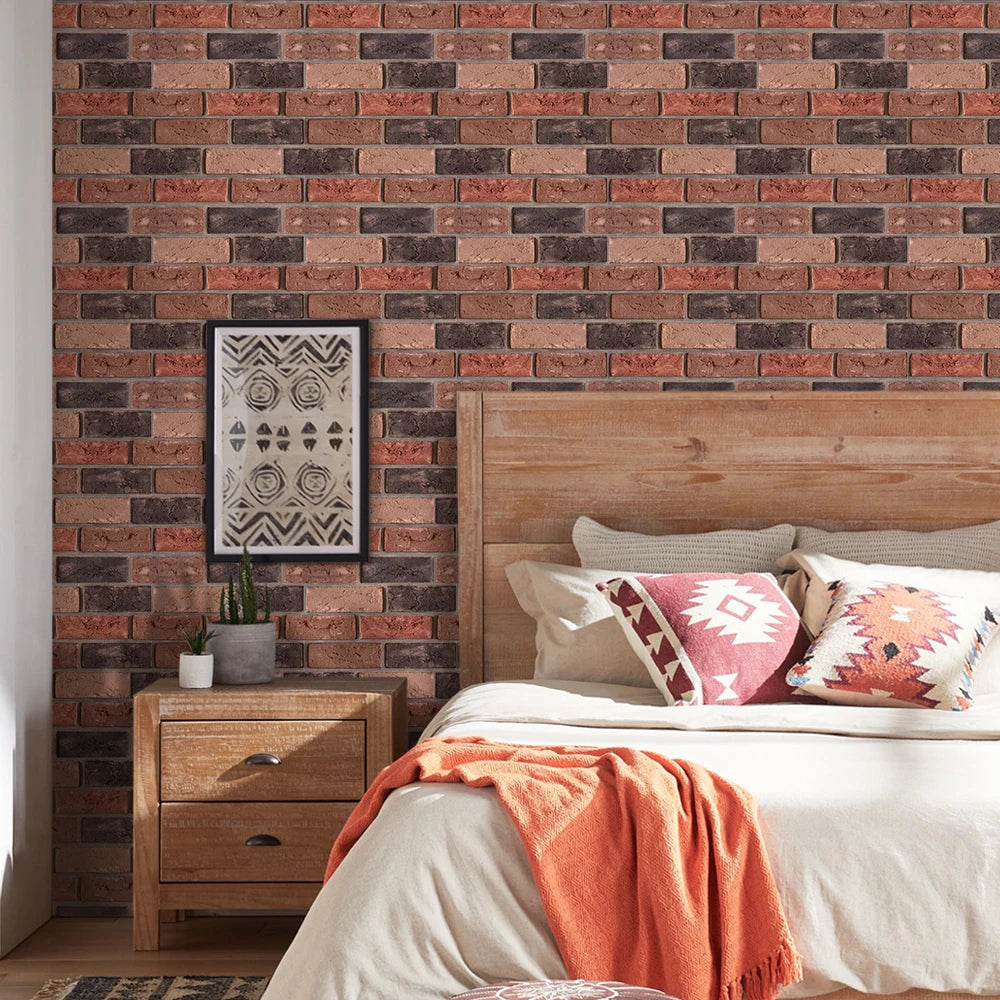 Bedroom with a wall of red brick effect self-adhesive panels behind the headboard