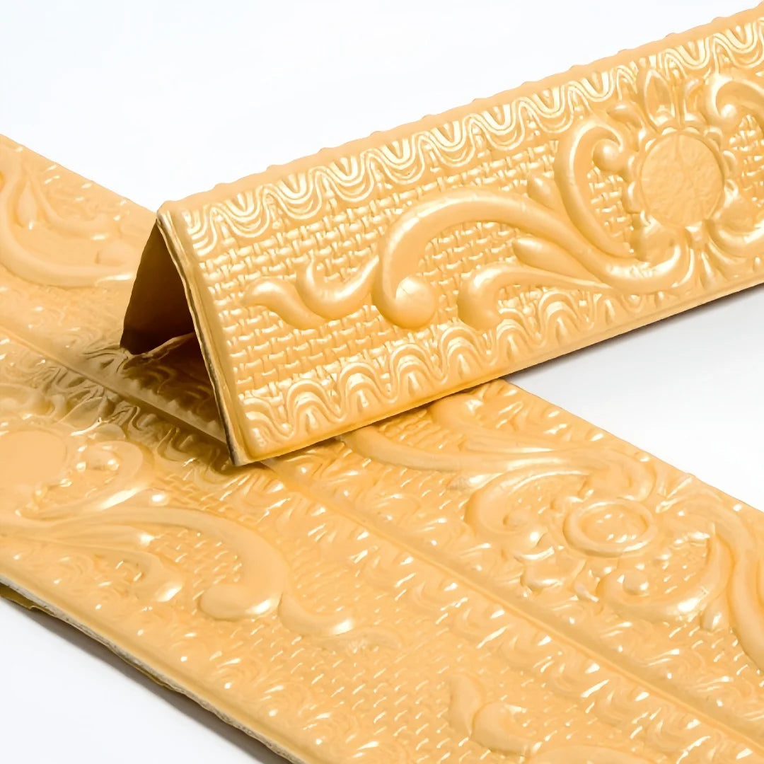 Gold self-adhesive moulding with raised decoration, folded in a V