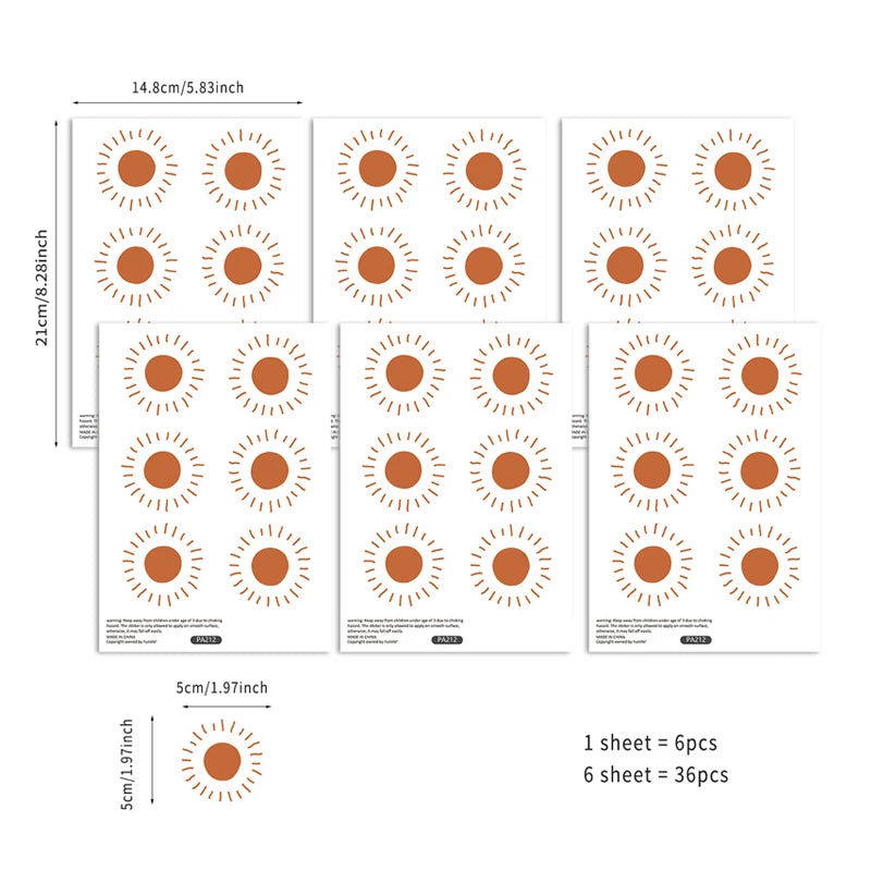 Six sheets of terracotta sun stickers, with the sheet and sun measurements