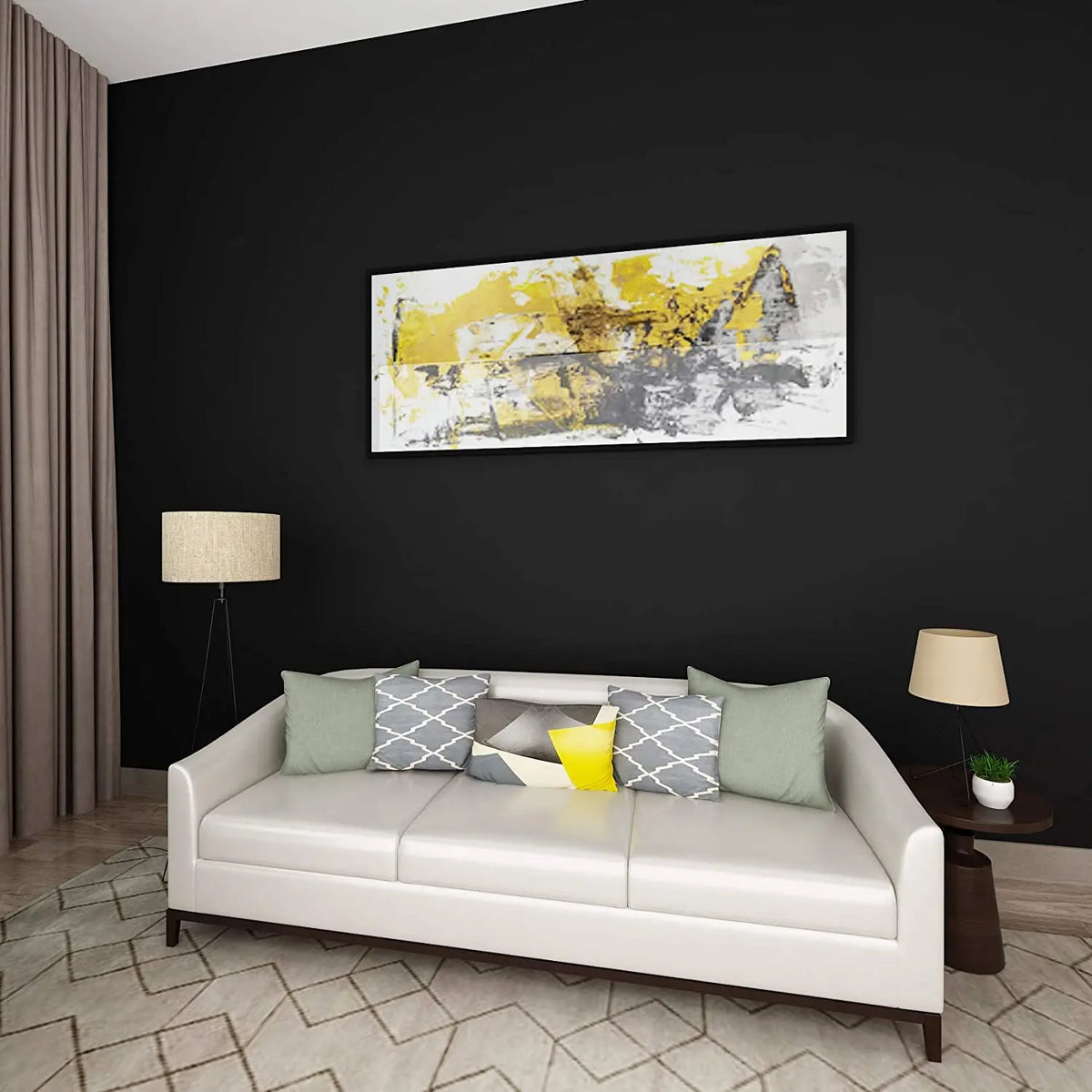 Wohnzimmer mit hellem Sofa vor einer schwarzen Wand mit einem gelb-grauen Bild