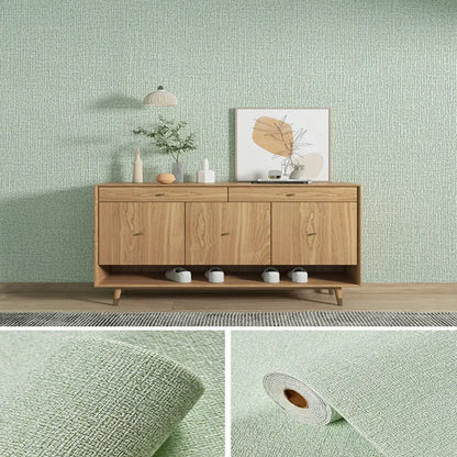 Muur bekleed met lichtgroene linnenlook, met de rol en een close-up van de weving