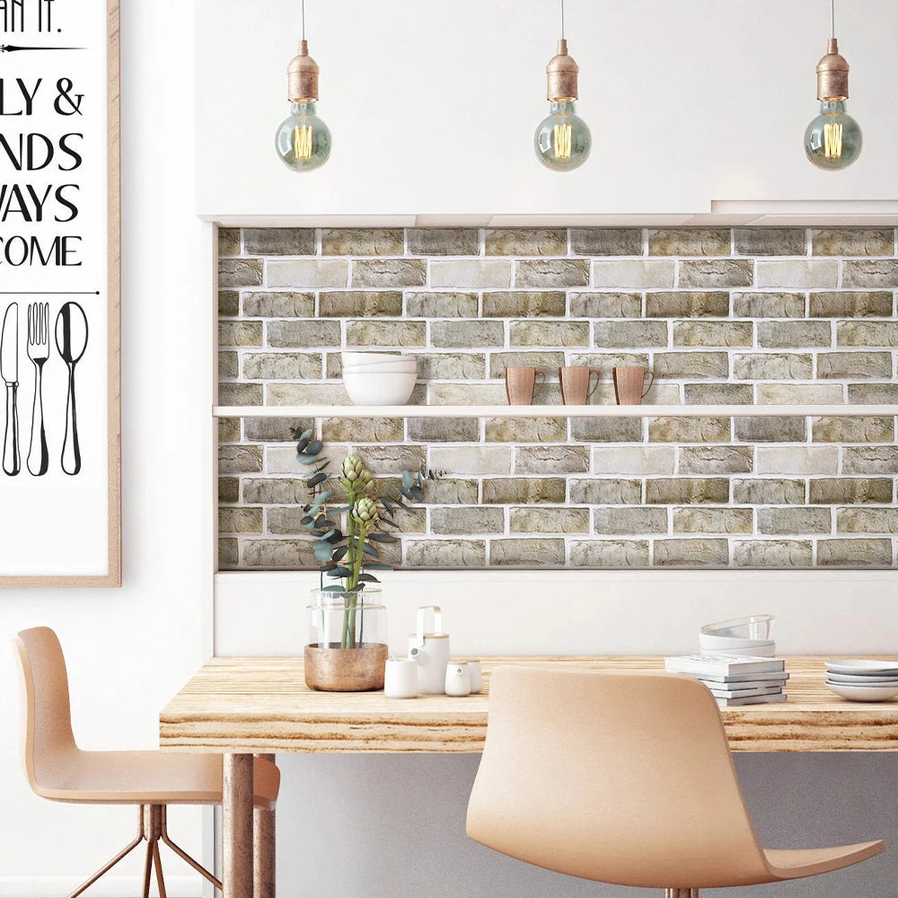 Kitchen with a splashback of grey-beige brick effect self-adhesive panels