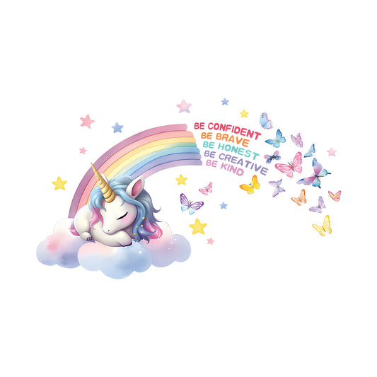 PVC wall sticker with a unicorn on a cloud, pastel rainbow, butterflies and English slogan on a white background