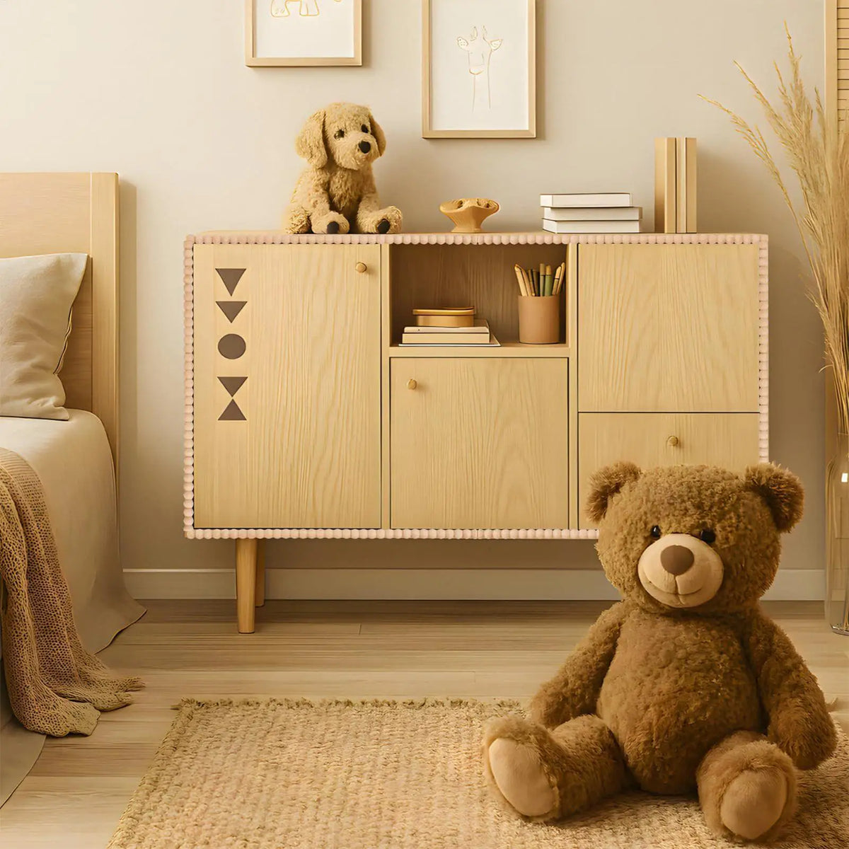 Sideboard aus hellem Holz mit einer mit der Perlstab-Leiste verzierten Kante