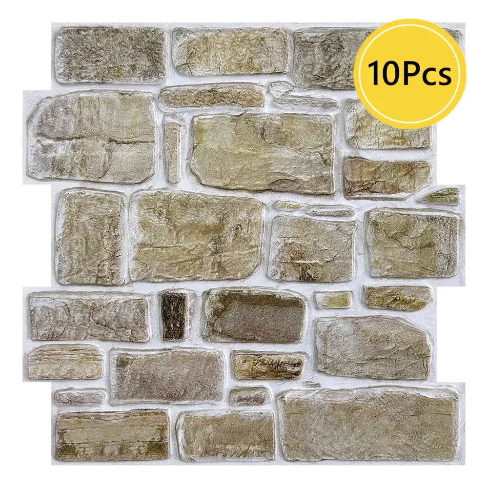 Retro 3D stone effect wall panel of square-cut sand stones on a white background