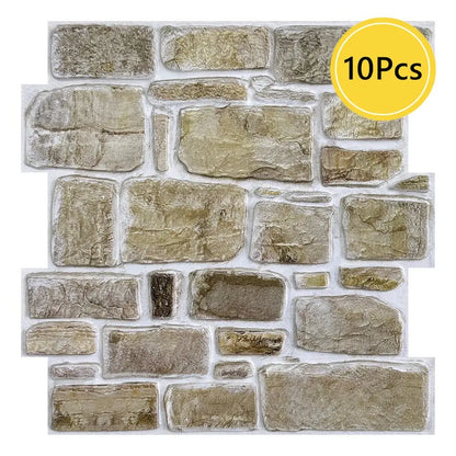 Retro 3D stone effect wall panel of square-cut sand stones on a white background