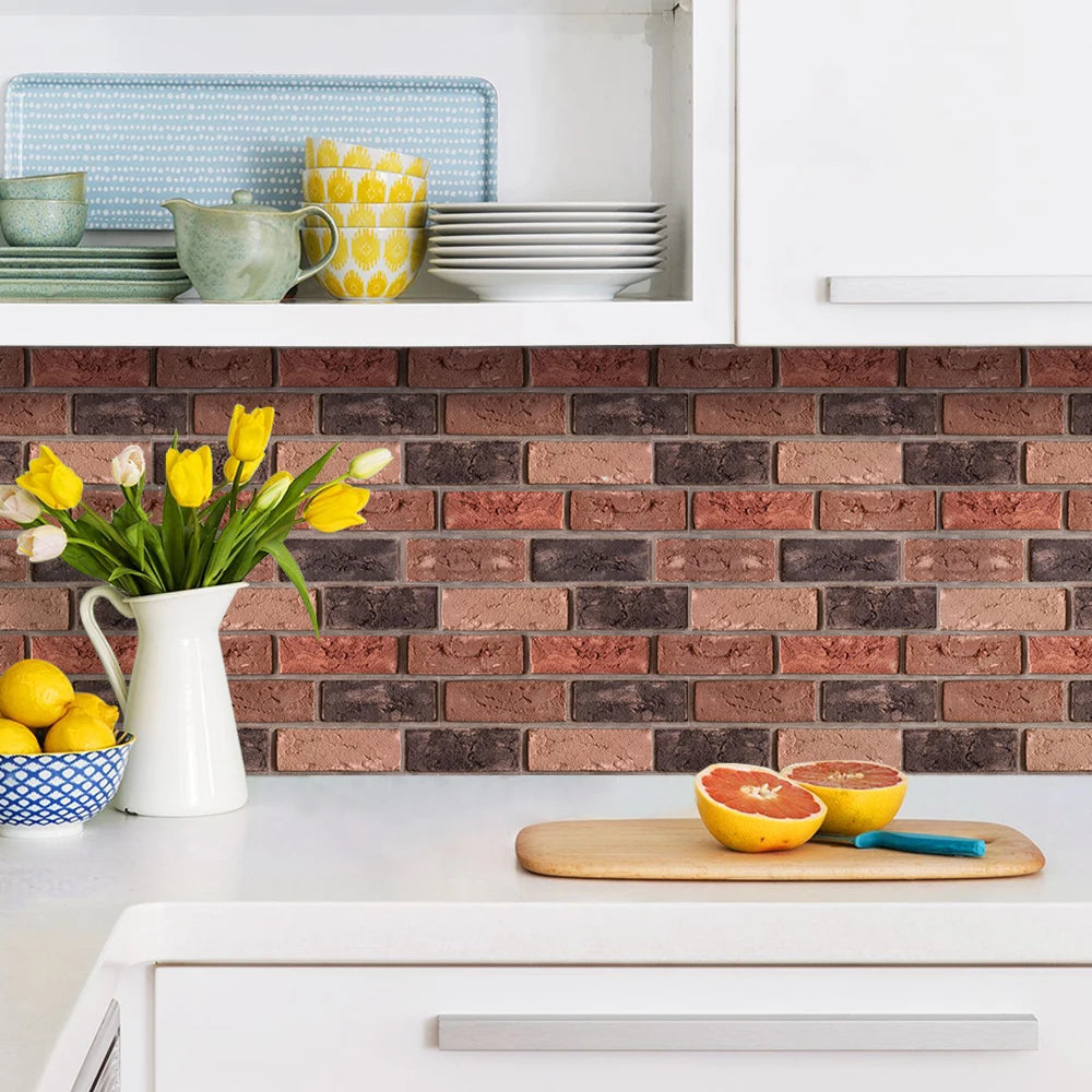 Kitchen with a splashback of red brick effect self-adhesive panels