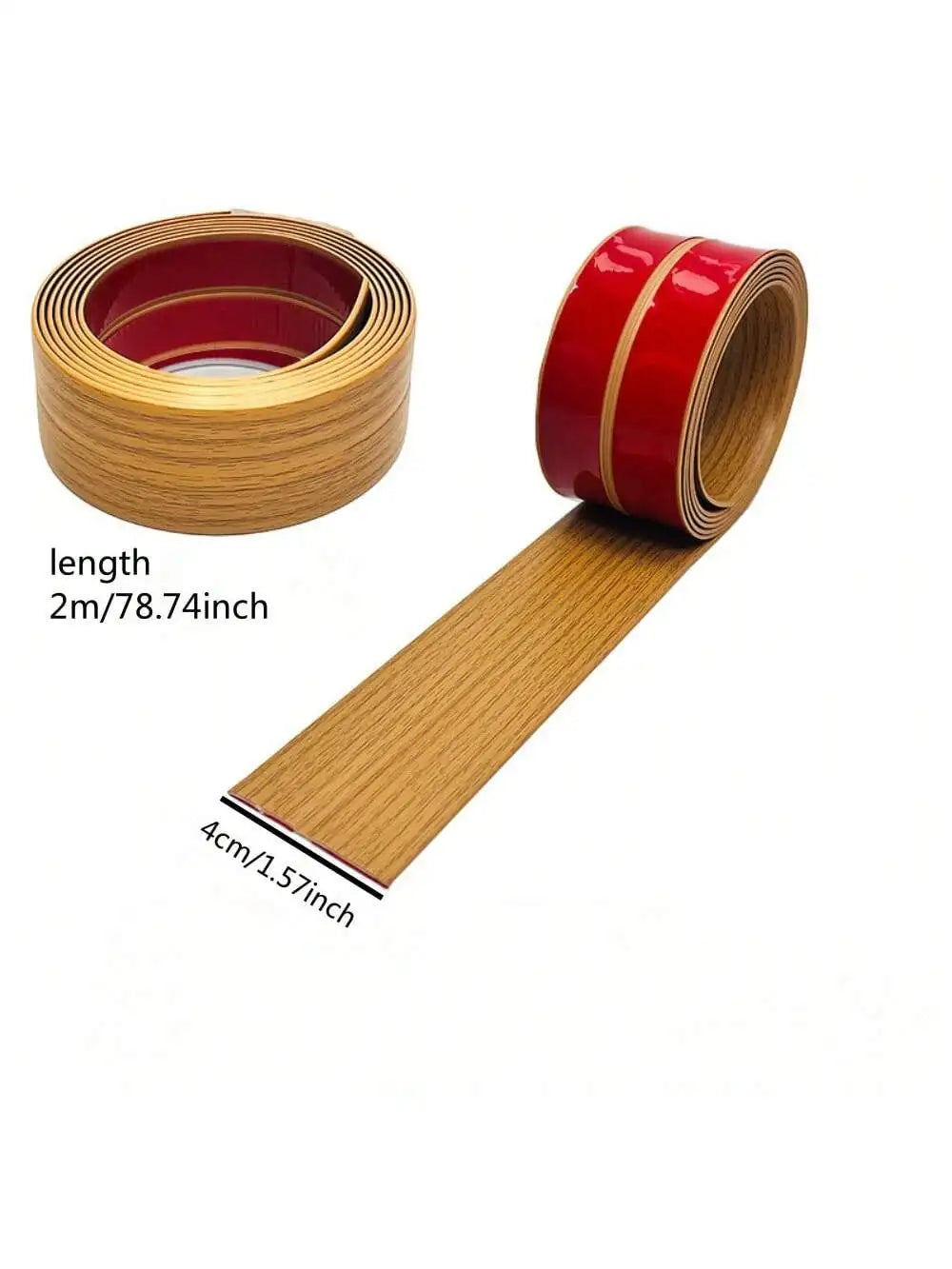 Rolle selbstklebender Zierleiste in goldfarbener Holzoptik, beschriftet mit 2 m Länge und 4 cm Breite