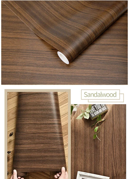 Roll and samples of dark brown wood effect vinyl wrap with dense grain, Model 8