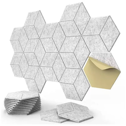 Grey Y-cut hexagonal acoustic panel with a 3D cube effect on a white background