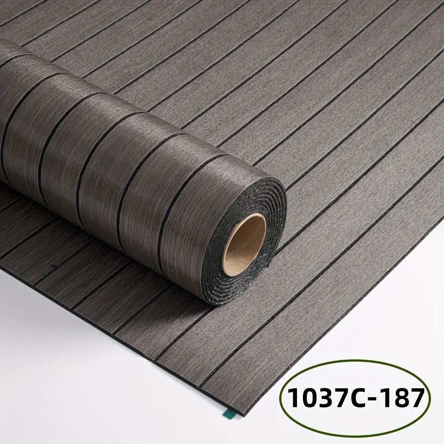 Roll of self-adhesive wall panel in dark brownish grey with black stripes, model S-1037C-187