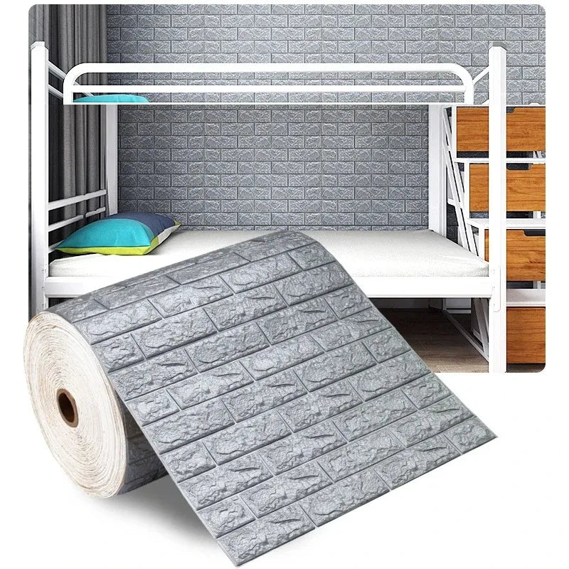 Roll of grey self-adhesive wallpaper with raised bricks, Model D, with bunk beds in the background