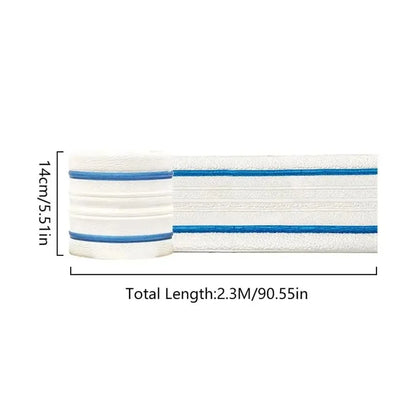 Diagram of a white self-adhesive strip with light blue lines, 14 cm wide and 2.3 m long
